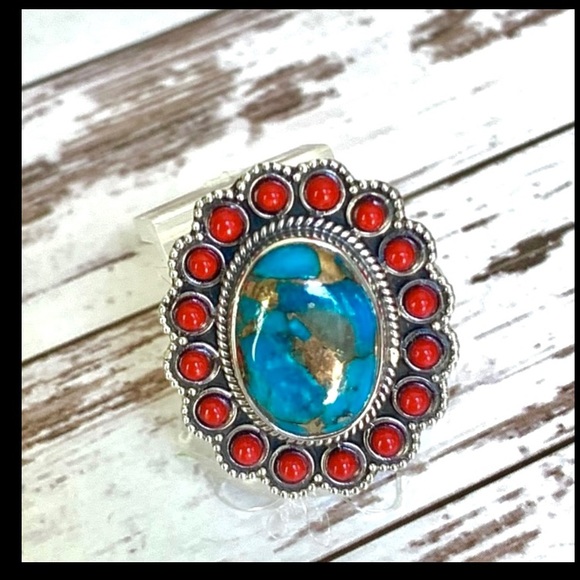 Southwestern Turquoise & Coral Sterling Ring
